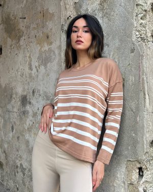 5822-Striped Long Sleeve Oversize Crewneck Knit Sweater