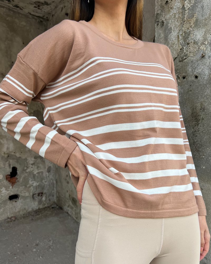 5822-Striped Long Sleeve Oversize Crewneck Knit Sweater - Görsel 4