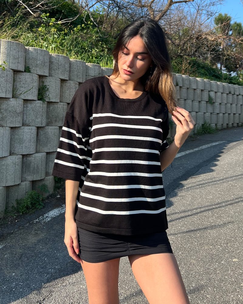 5825-Striped Half Sleeve Knit Sweater - Görsel 2