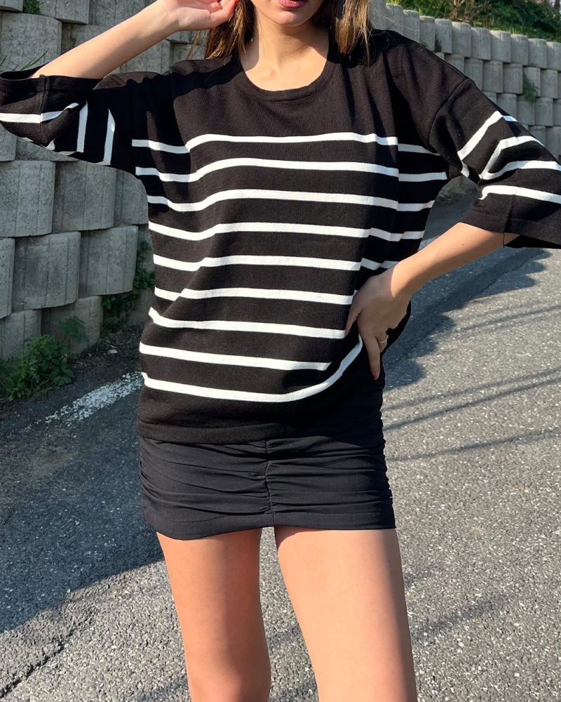5825-Striped Half Sleeve Knit Sweater - Görsel 4