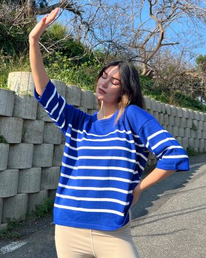 5825-Striped Half Sleeve Knit Sweater