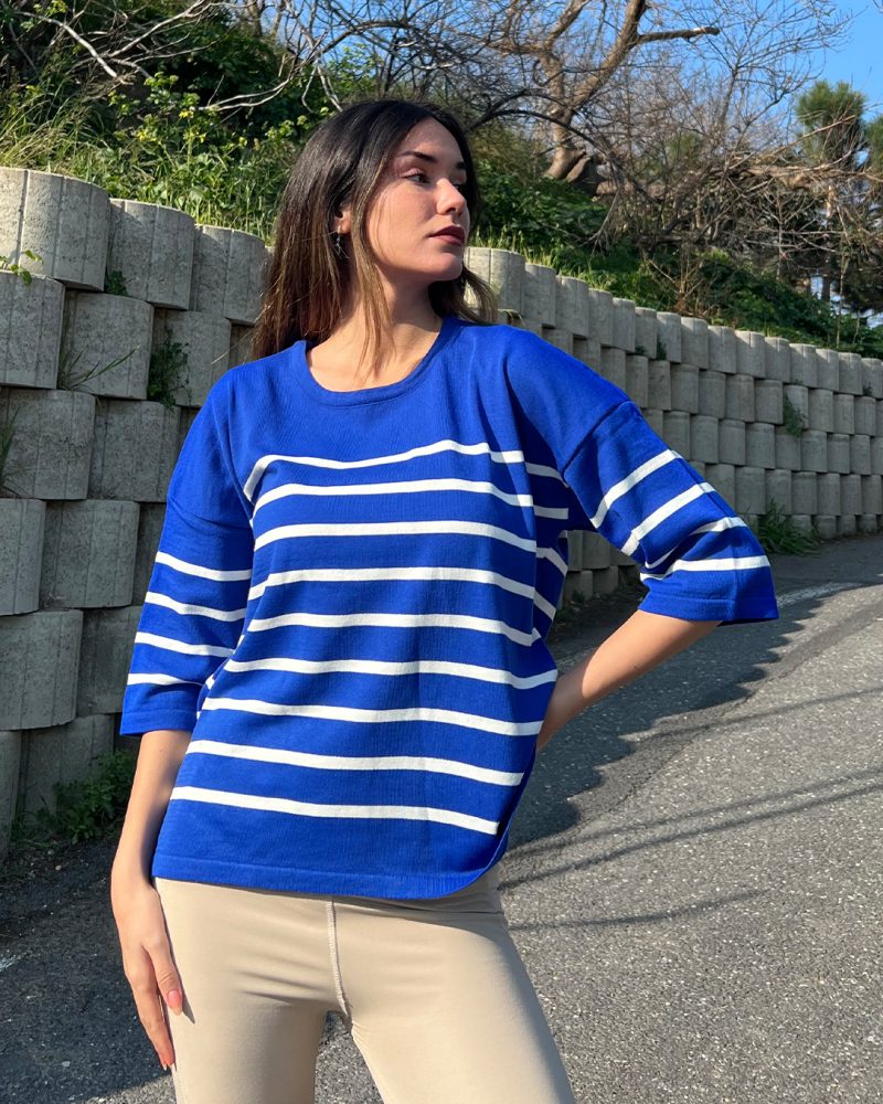 5825-Striped Half Sleeve Knit Sweater - Görsel 3