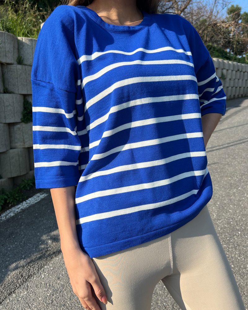 5825-Striped Half Sleeve Knit Sweater - Görsel 5