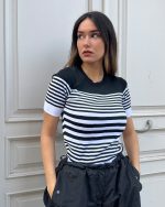 5827-Crewneck Striped Short Sleeve Knit Top