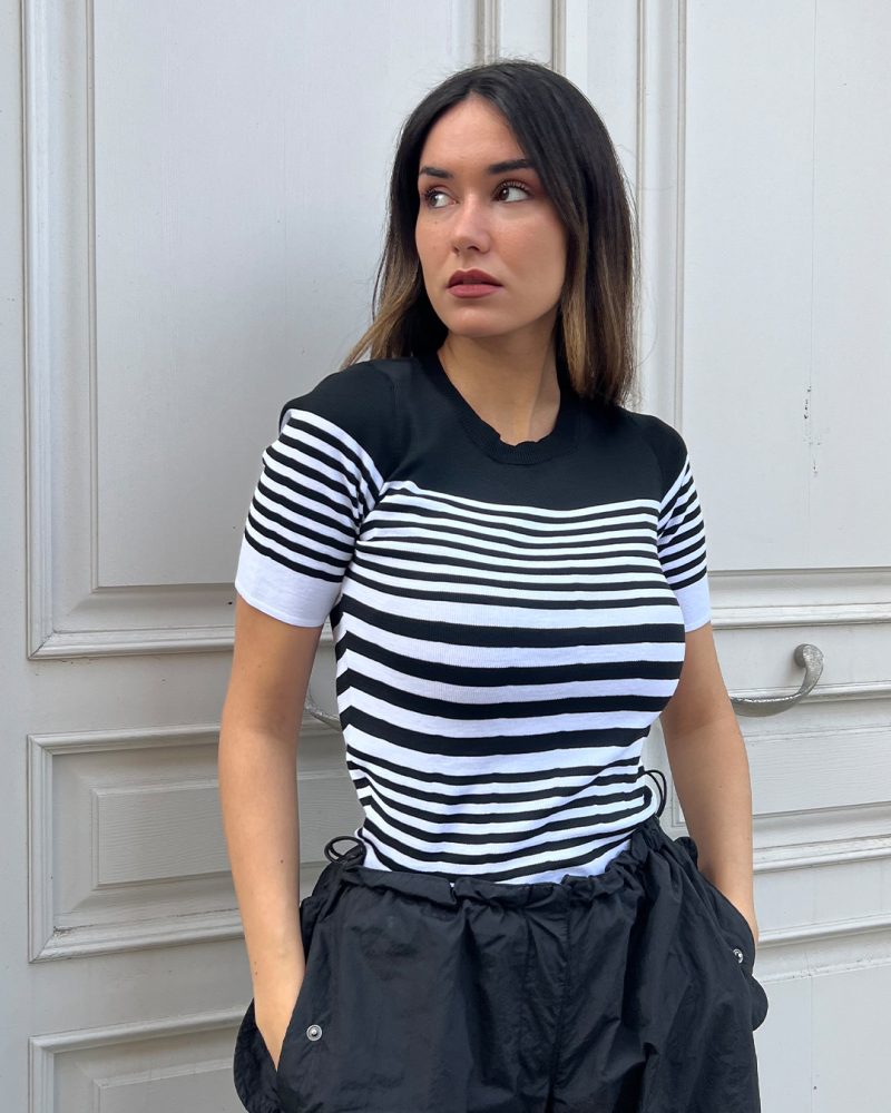 5827-Crewneck Striped Short Sleeve Knit Top