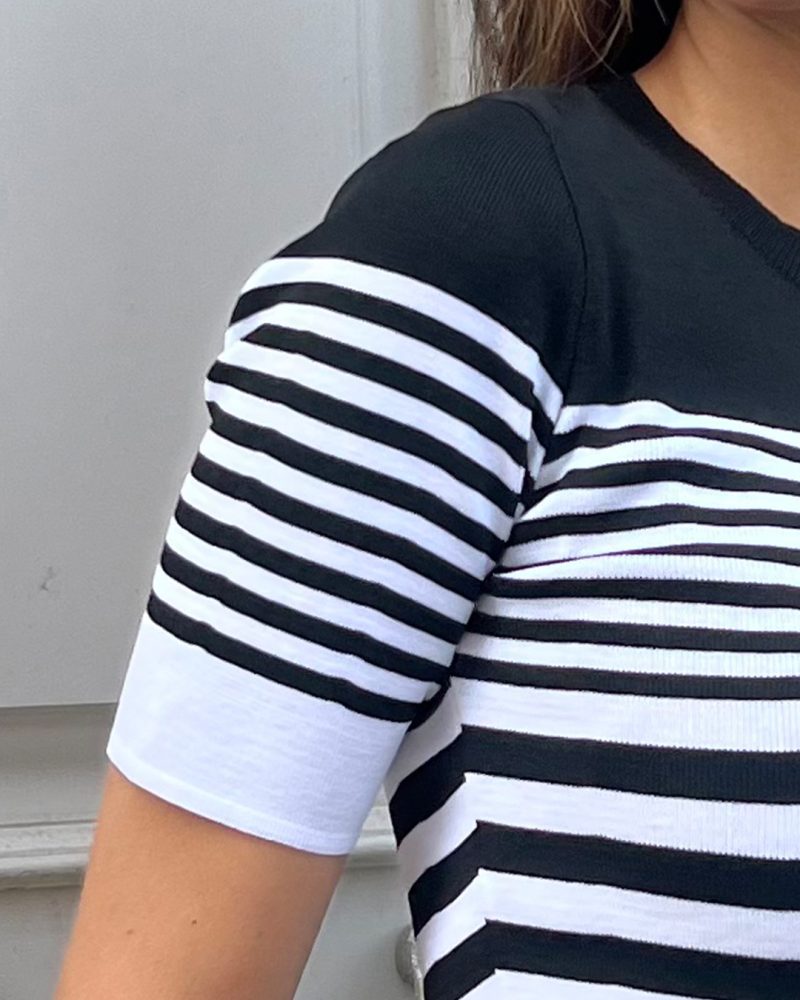 5827-Crewneck Striped Short Sleeve Knit Top - Görsel 3