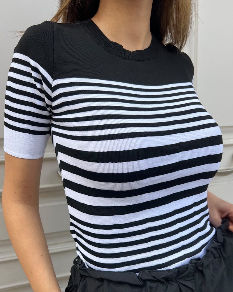 5827-Crewneck Striped Short Sleeve Knit Top - Görsel 4