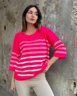 5828-Striped Half Sleeve Knit Sweater