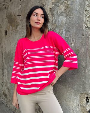 5828-Striped Half Sleeve Knit Sweater