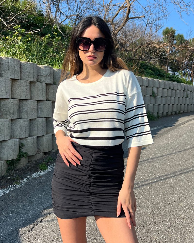 5828-Striped Half Sleeve Knit Sweater - Görsel 2