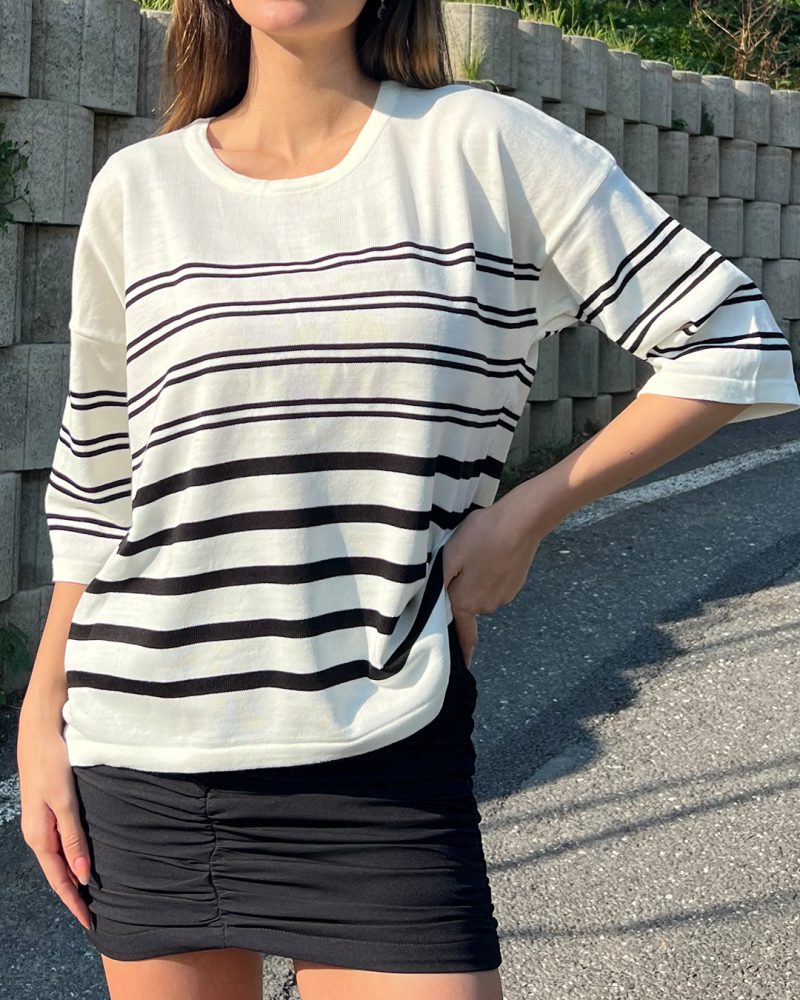 5828-Striped Half Sleeve Knit Sweater - Görsel 4