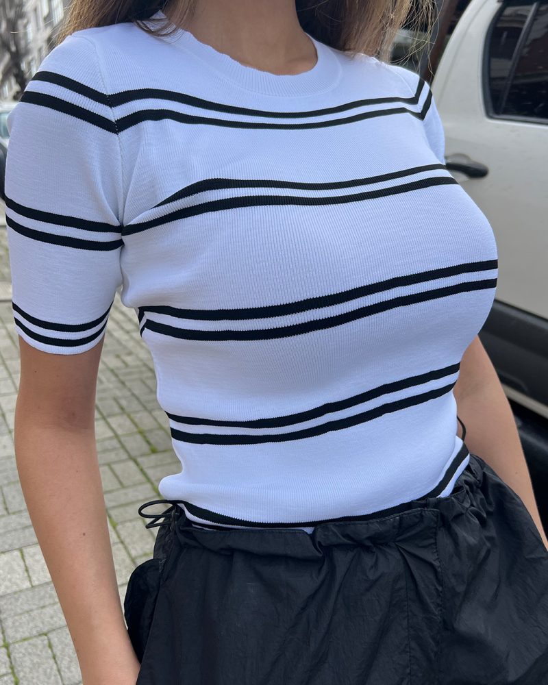 5830-Crewneck Striped Short Sleeve Knit Top - Görsel 4
