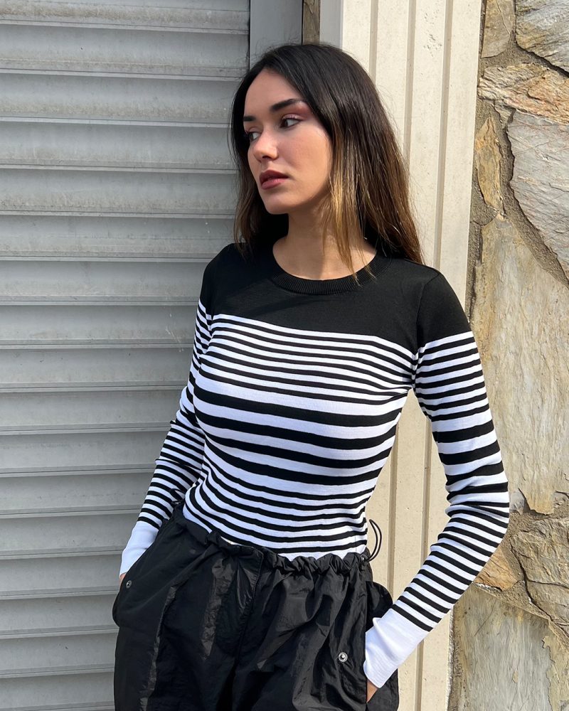5831-Crewneck Striped Long Sleeve Knit Sweater - Görsel 2