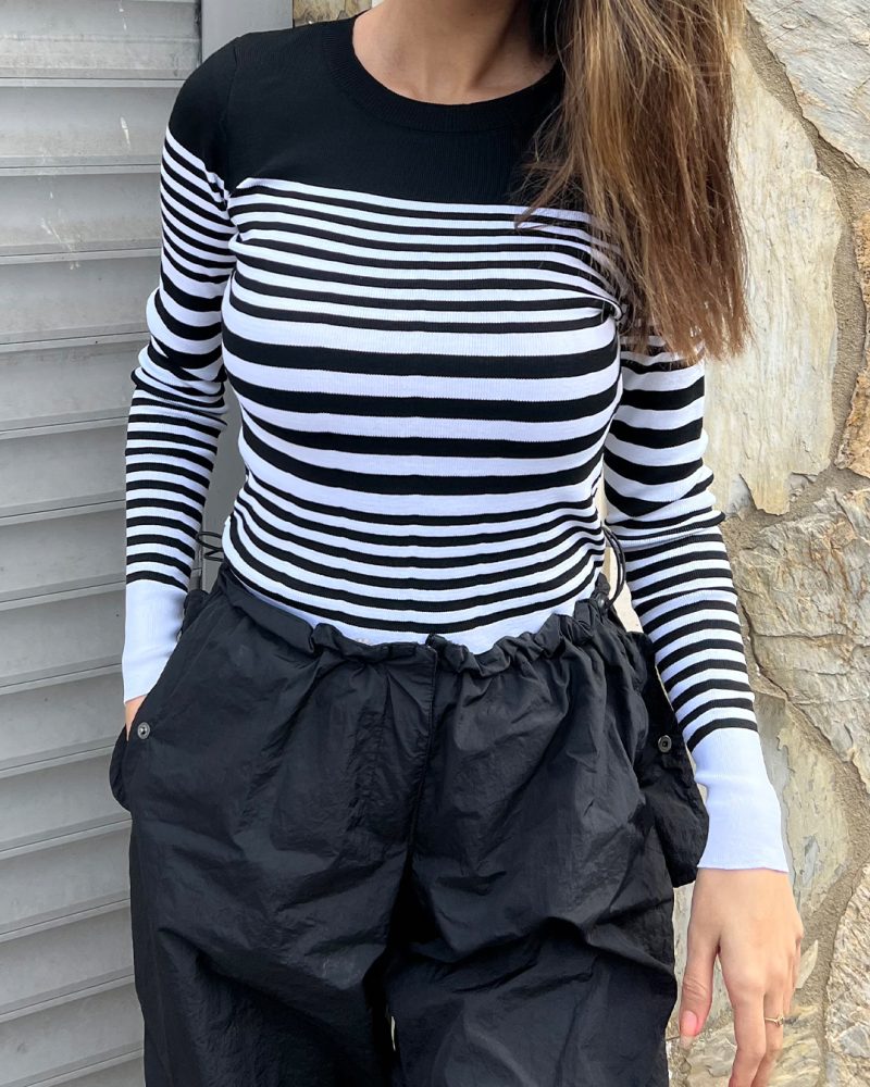 5831-Crewneck Striped Long Sleeve Knit Sweater - Görsel 4