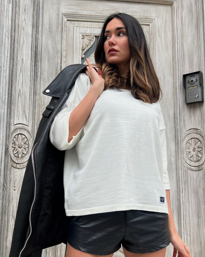 5834-Half Sleeve Crewneck Knit Sweater - Görsel 3