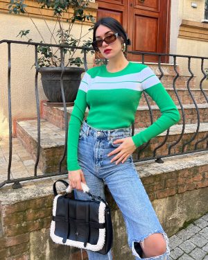 5836-Striped Long Sleeve Crewneck Knit Sweater
