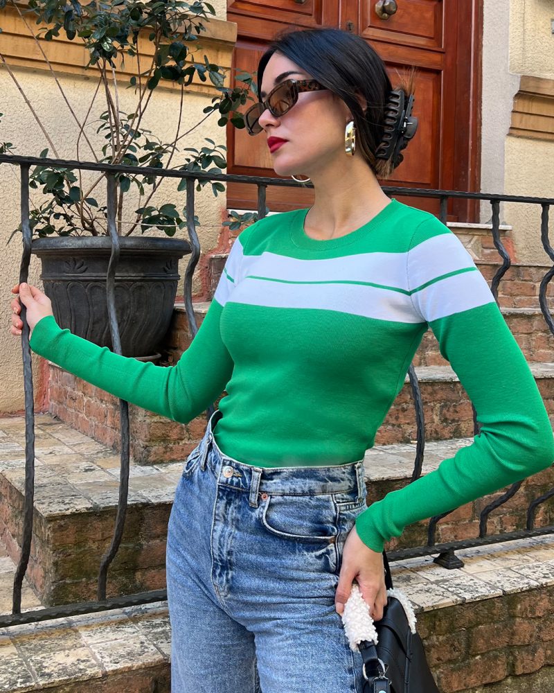 5836-Striped Long Sleeve Crewneck Knit Sweater - Görsel 5