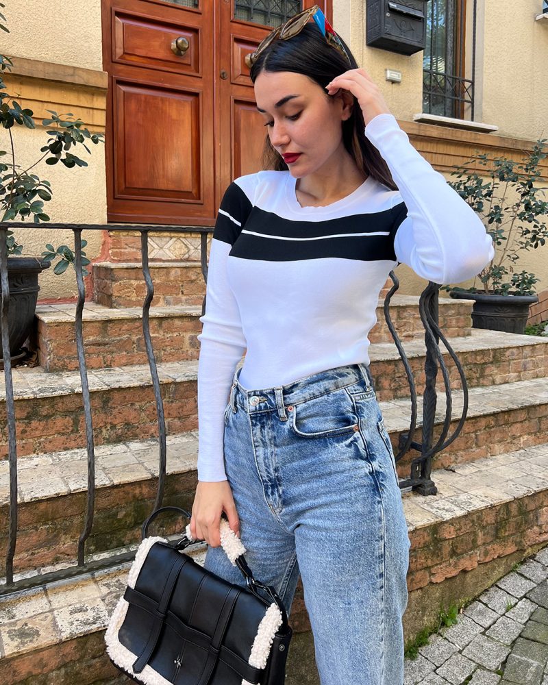 5836-Striped Long Sleeve Crewneck Knit Sweater - Görsel 2