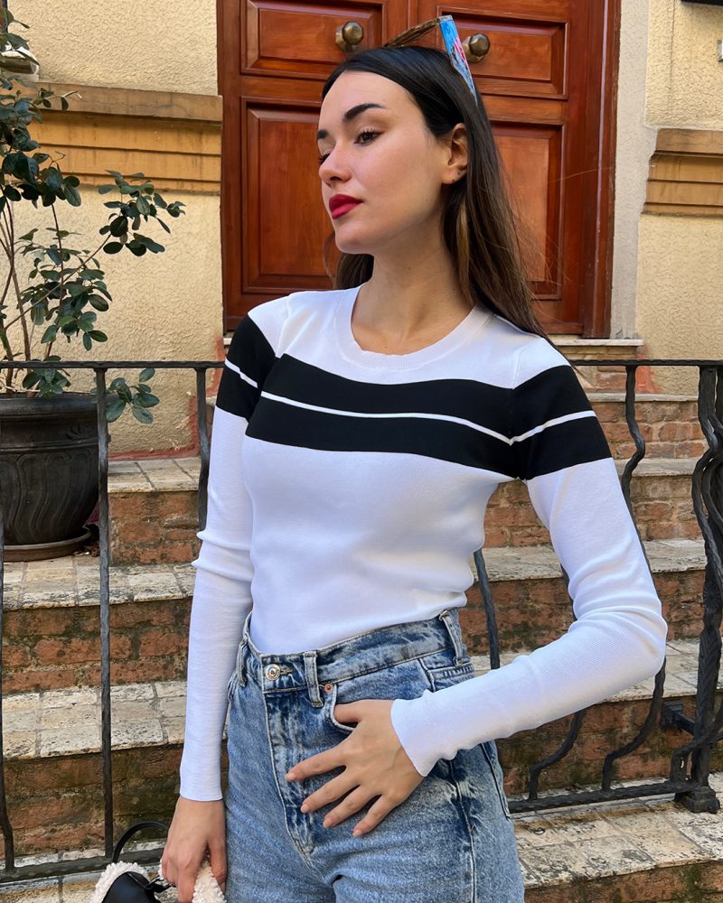 5836-Striped Long Sleeve Crewneck Knit Sweater - Görsel 4