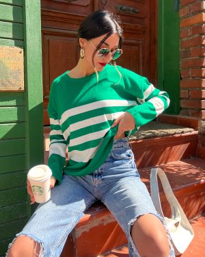 5837-Oversize Striped Crewneck Knit Sweater