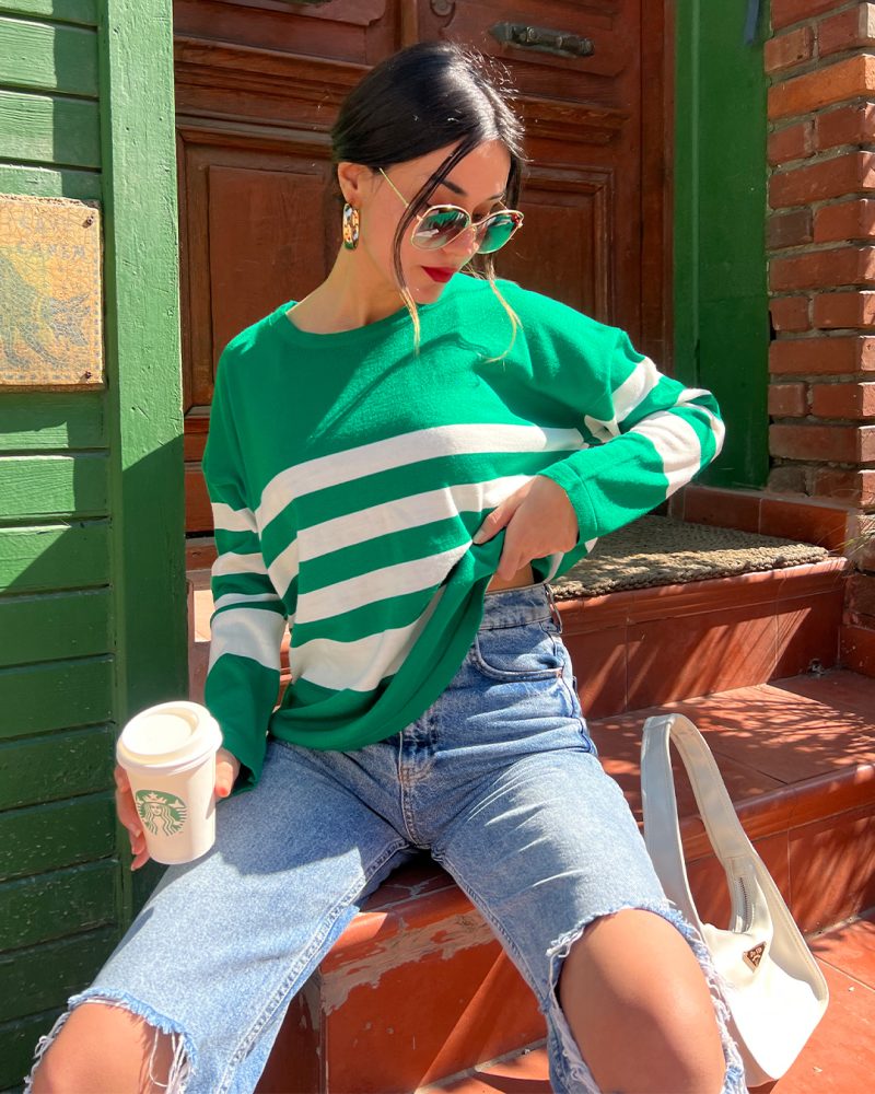5837-Oversize Striped Crewneck Knit Sweater