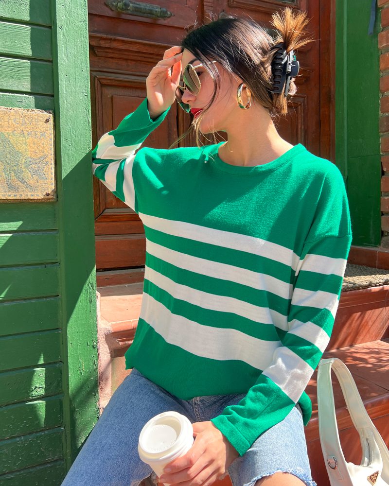 5837-Oversize Striped Crewneck Knit Sweater - Görsel 2