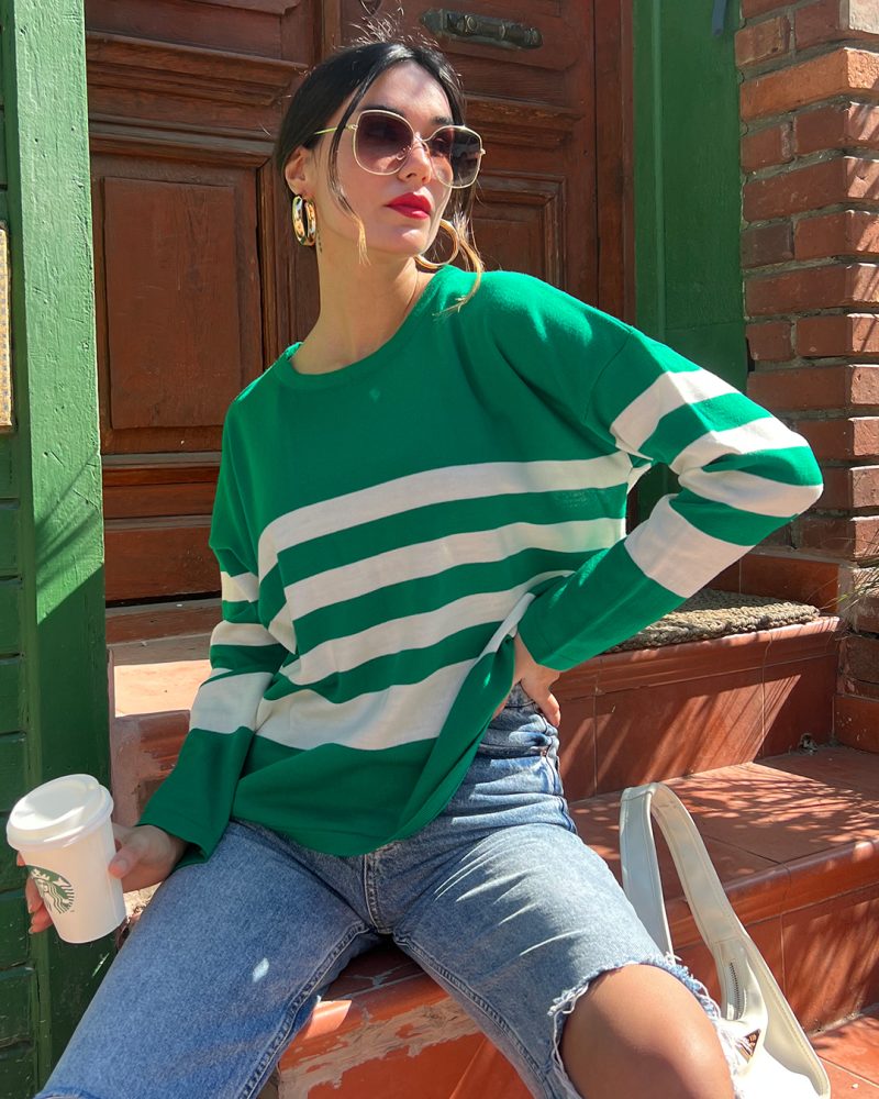 5837-Oversize Striped Crewneck Knit Sweater - Görsel 3