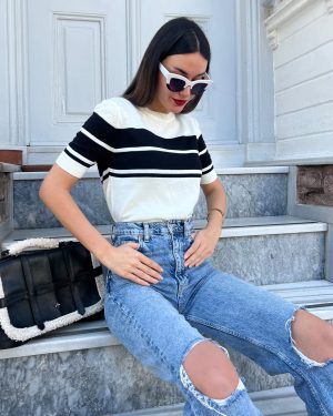 5841-Striped Short Sleeve Crewneck Knit Top