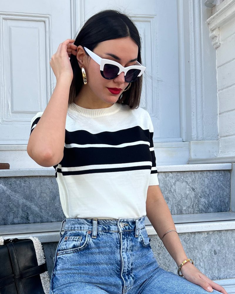5841-Striped Short Sleeve Crewneck Knit Top - Görsel 2