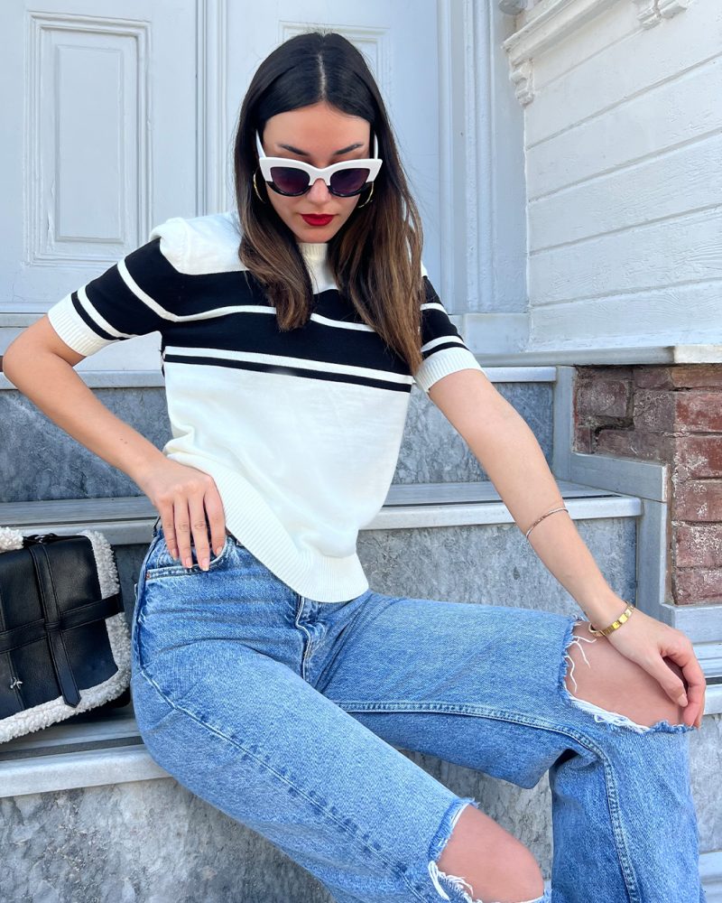 5841-Striped Short Sleeve Crewneck Knit Top - Görsel 3
