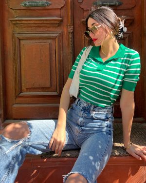 6053-Striped Short Sleeve Polo Neck Knit Top