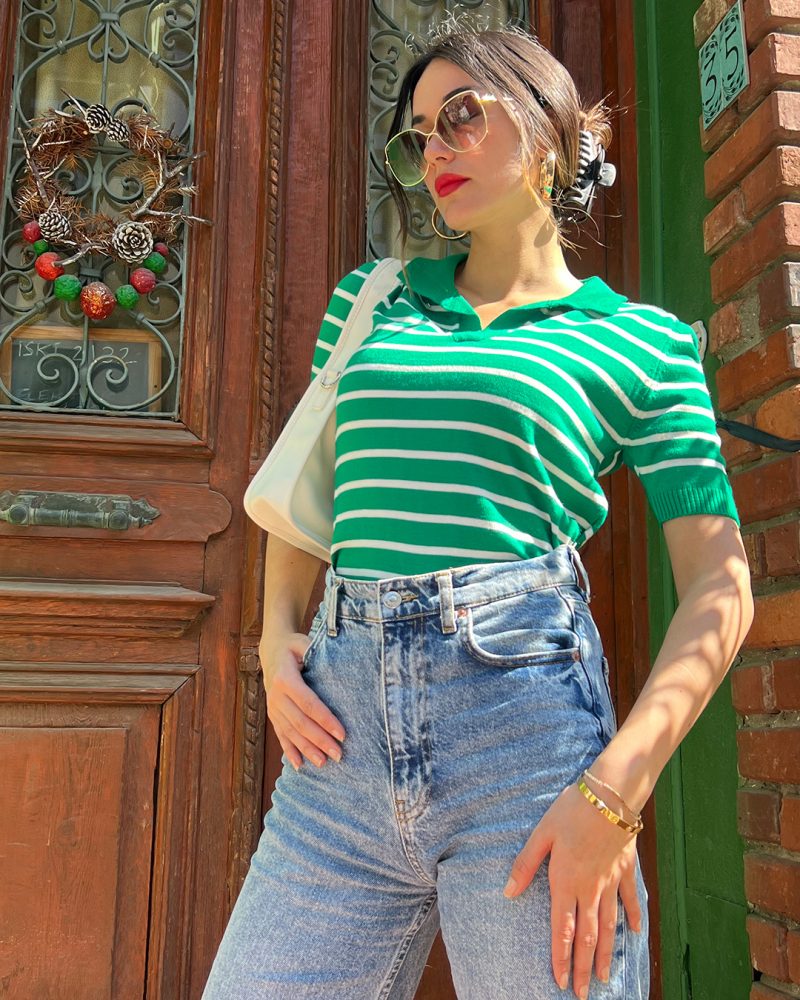 6053-Striped Short Sleeve Polo Neck Knit Top - Görsel 2