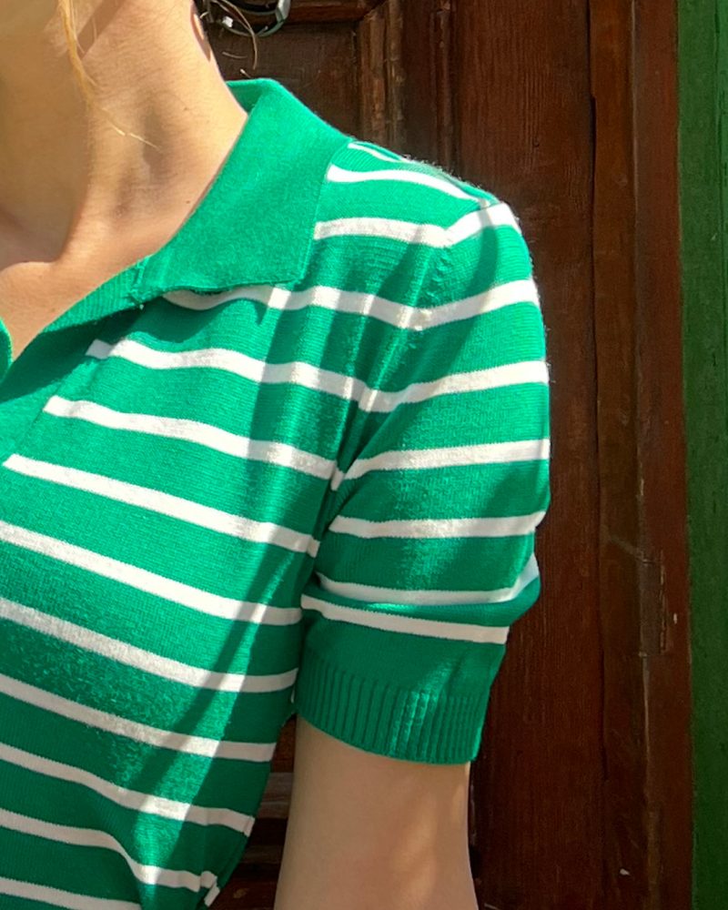 6053-Striped Short Sleeve Polo Neck Knit Top - Görsel 3