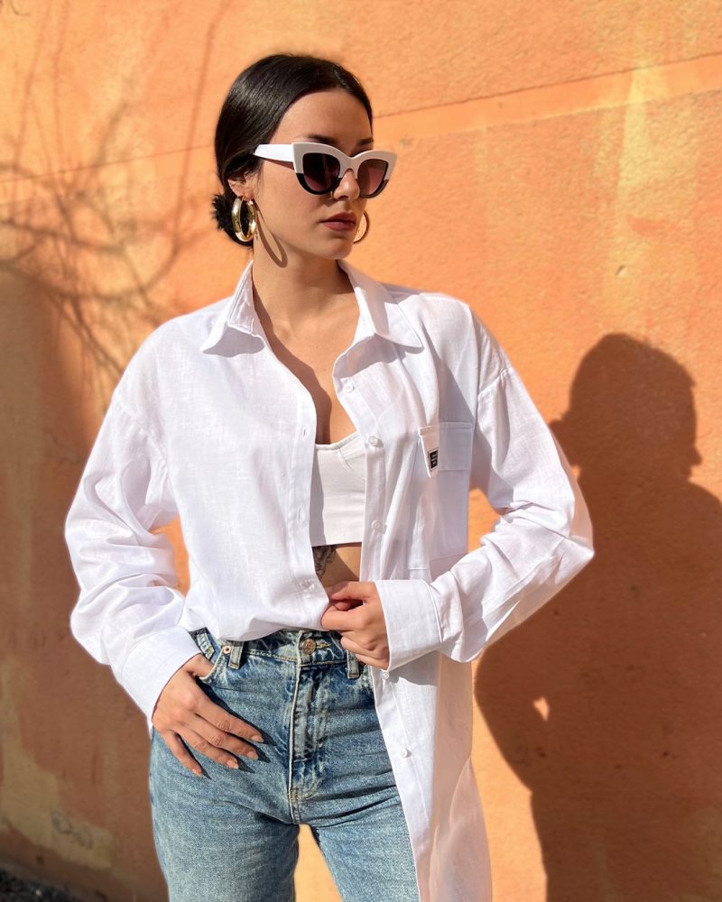 AK4403-Cotton Flam Pocket Detail Oversized Long Sleeve Shirt - Görsel 2