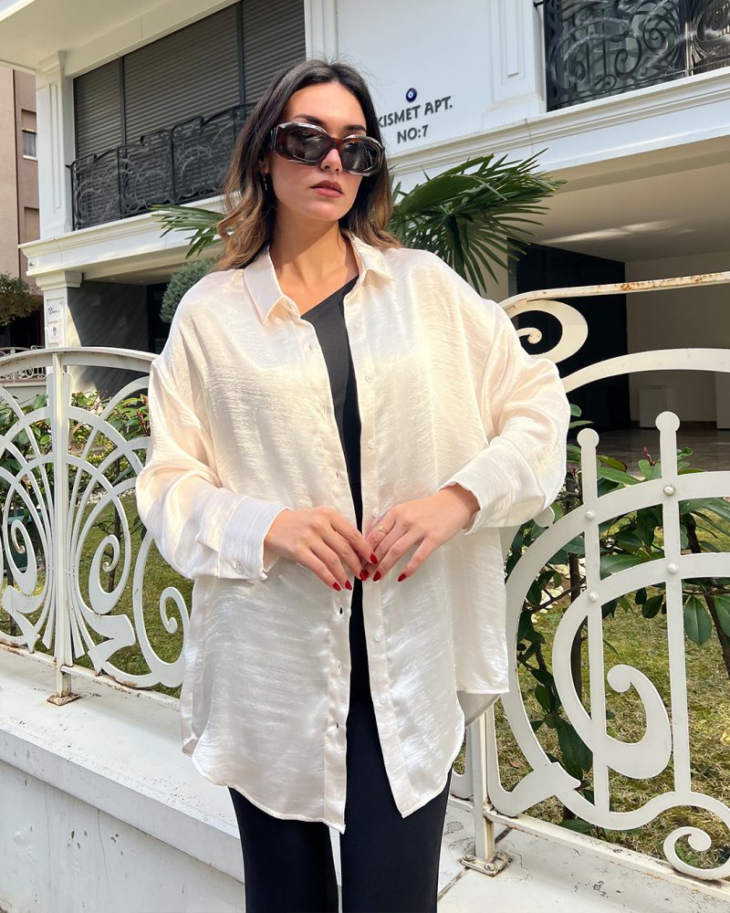 AK4404-Satin Long Sleeve Oversized Shirt - Görsel 3