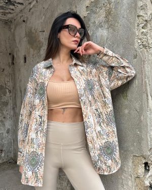 AK4405-Abstract Print Long Sleeve Oversized Shirt