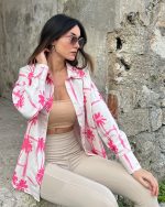 AK4406-Palm Print Long Sleeve Linen Oversized Shirt