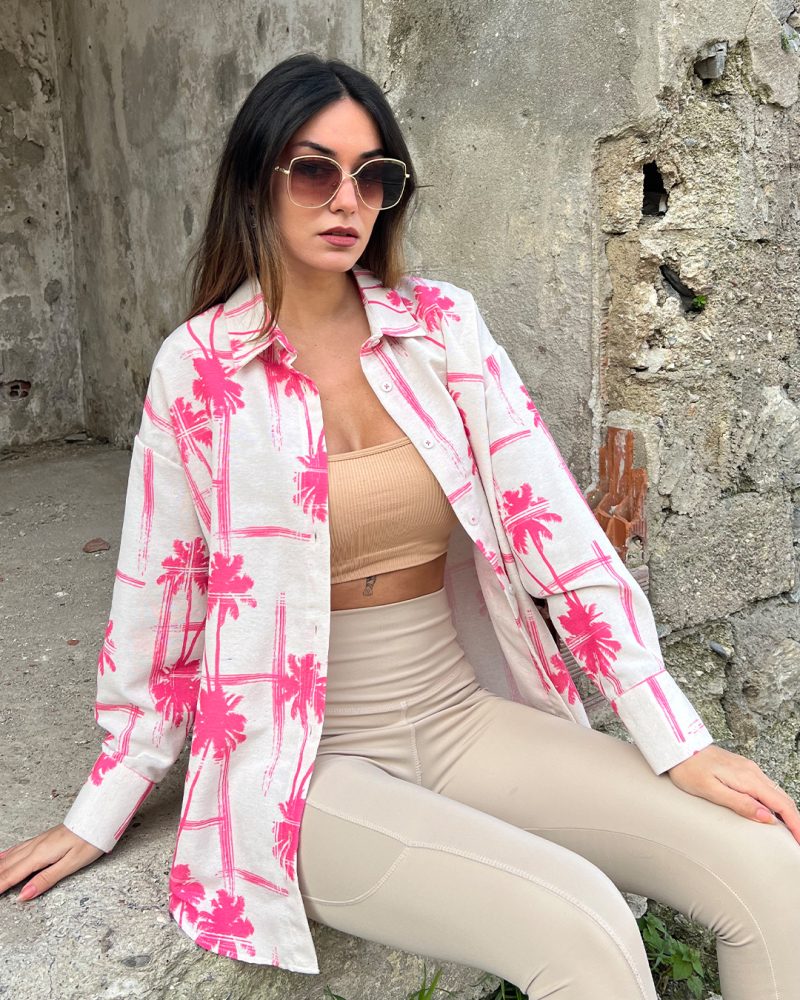 AK4406-Palm Print Long Sleeve Linen Oversized Shirt - Görsel 2