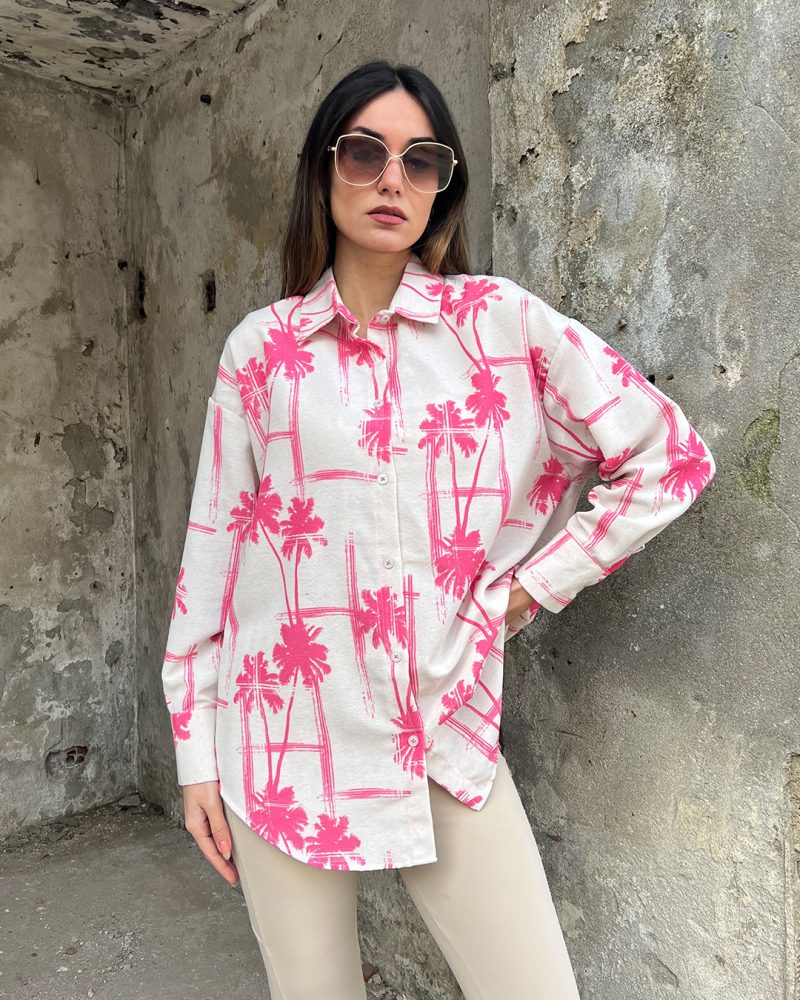 AK4406-Palm Print Long Sleeve Linen Oversized Shirt - Görsel 3