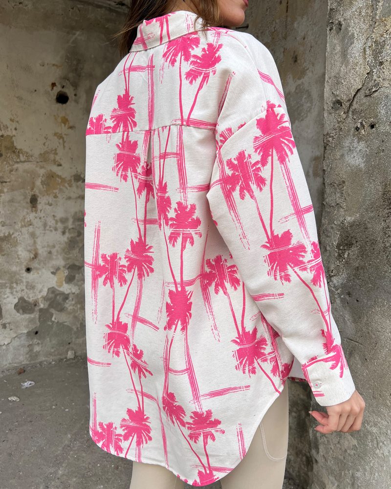AK4406-Palm Print Long Sleeve Linen Oversized Shirt - Görsel 4