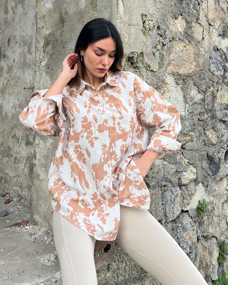 AK4407-Abstract Print Long Sleeve Linen Oversized Shirt - Görsel 2