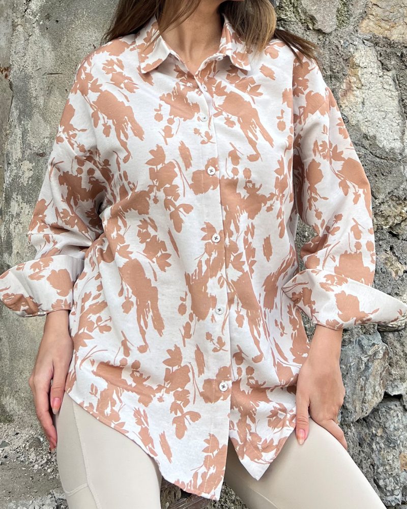 AK4407-Abstract Print Long Sleeve Linen Oversized Shirt - Görsel 4