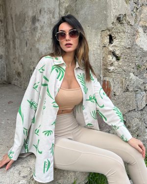 AK4408-Abstract Print Long Sleeve Linen Oversized Shirt