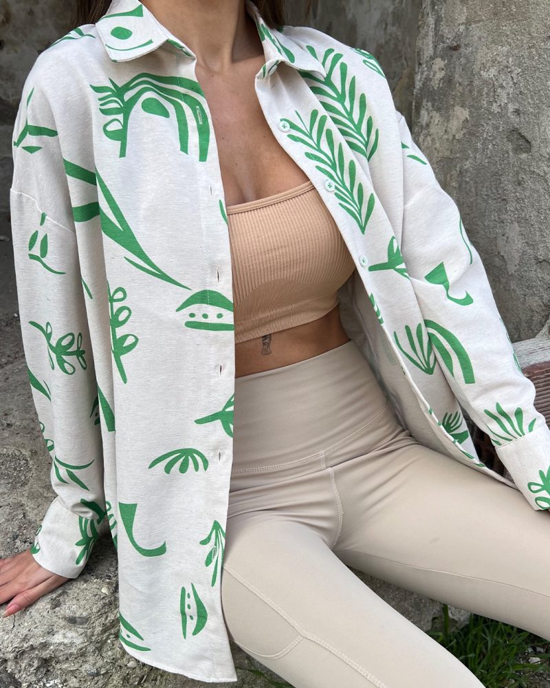 AK4408-Abstract Print Long Sleeve Linen Oversized Shirt - Görsel 4