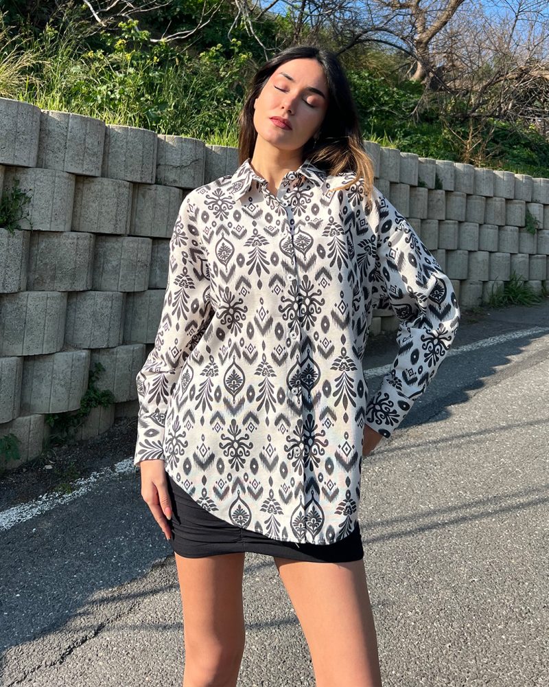 AK4409-Abstract Print Long Sleeve Linen Oversized Shirt