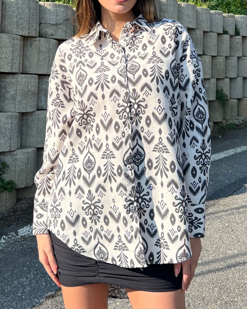 AK4409-Abstract Print Long Sleeve Linen Oversized Shirt - Image 4