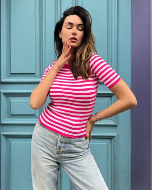3158-Striped Short Sleeve Crewneck Knit Top