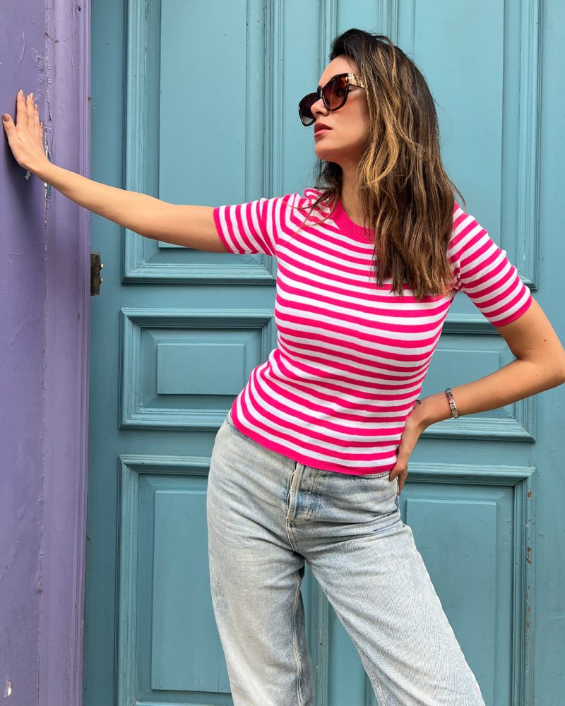 3158-Striped Short Sleeve Crewneck Knit Top - Görsel 2