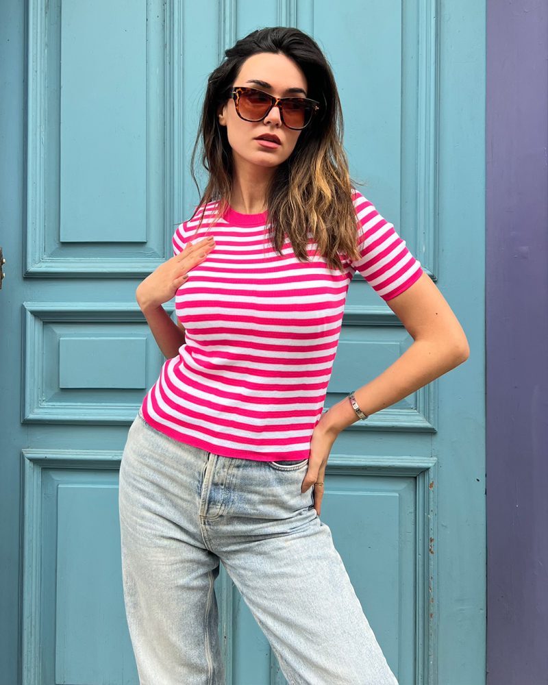 3158-Striped Short Sleeve Crewneck Knit Top - Görsel 3