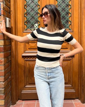 3159-Striped Button Up Shoulder Short Sleeve Crewneck Knit Top